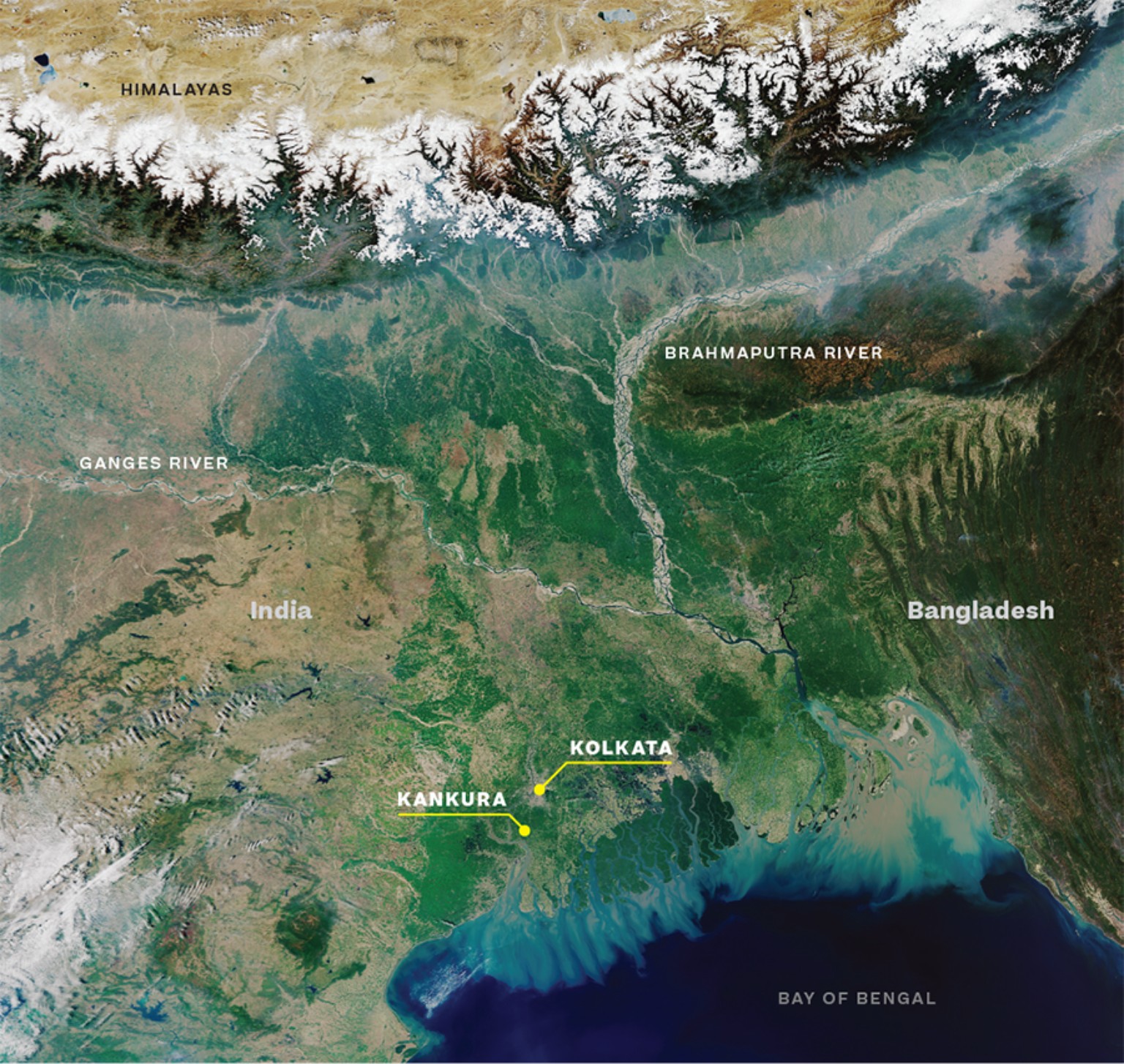 Map of the Ganges and Brahmaputra rivers showing Kolkata and Kankura near the Bay of Bengal